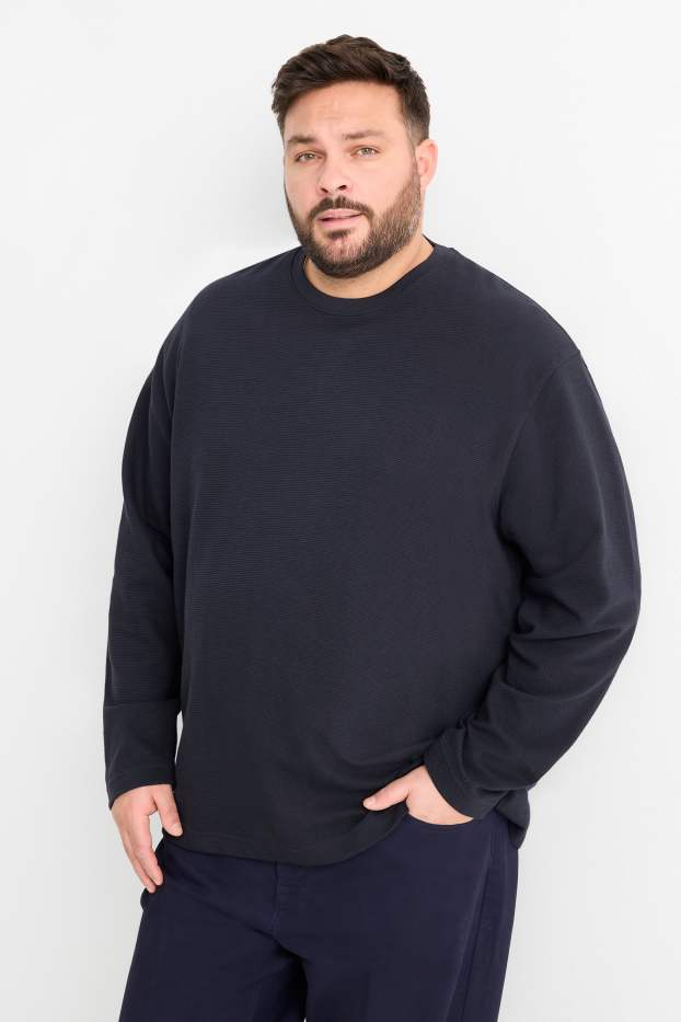 Pánské - Tričko s dlouhým rukávem - relaxed fit - žebrované - tmavomodrá