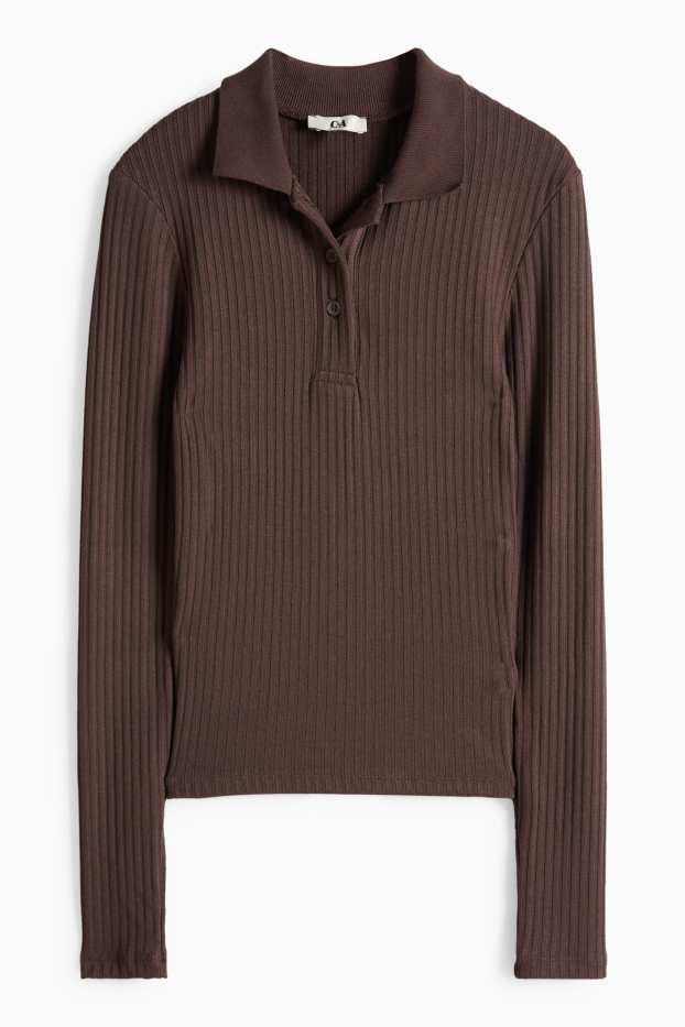 Damen - Poloshirt - Slim Fit - gerippt - dunkelbraun