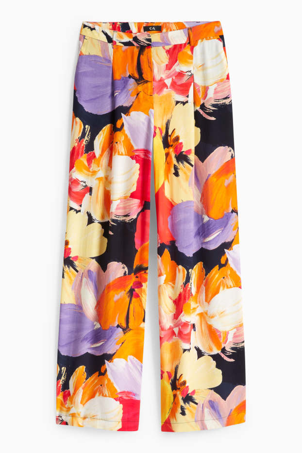 Dámské - Plátěné kalhoty - high waist - wide leg - s květinovým vzorem - barevná