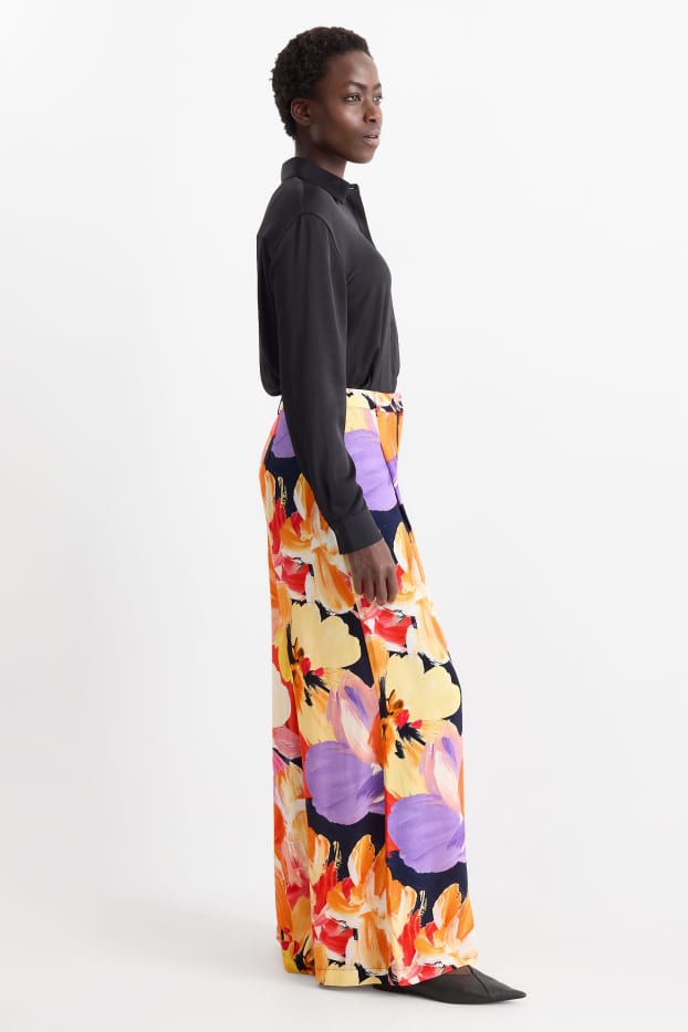 Dámské - Plátěné kalhoty - high waist - wide leg - s květinovým vzorem - barevná