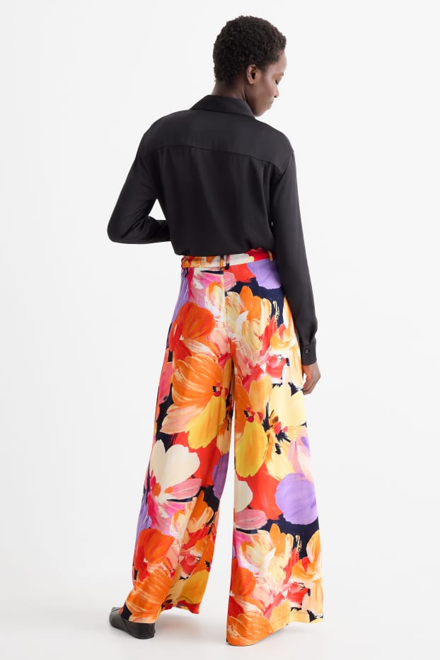 Dámské - Plátěné kalhoty - high waist - wide leg - s květinovým vzorem - barevná