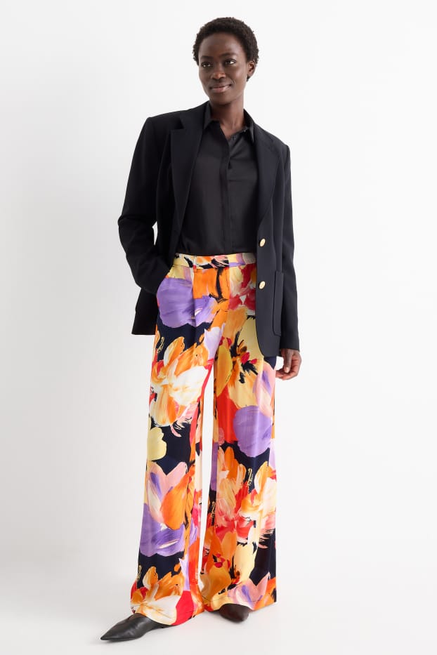 Dámské - Plátěné kalhoty - high waist - wide leg - s květinovým vzorem - barevná