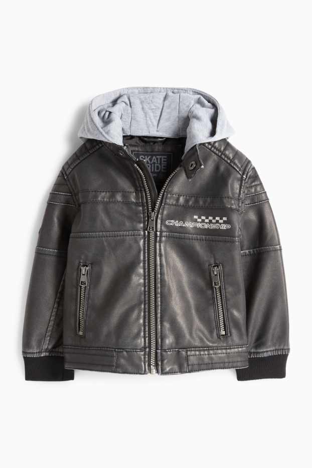 Kinderen: jongens - Racing - bikerjas met capuchon - imitatieleer - donkergrijs