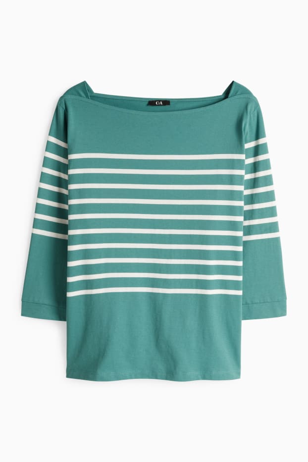 Dámské - Tričko s dlouhým rukávem - regular fit - pruhované - tyrkysová