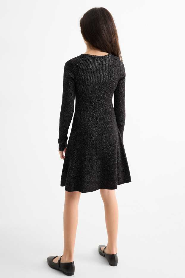 Kinder Mädchen - Strickkleid - gerippt - schwarz