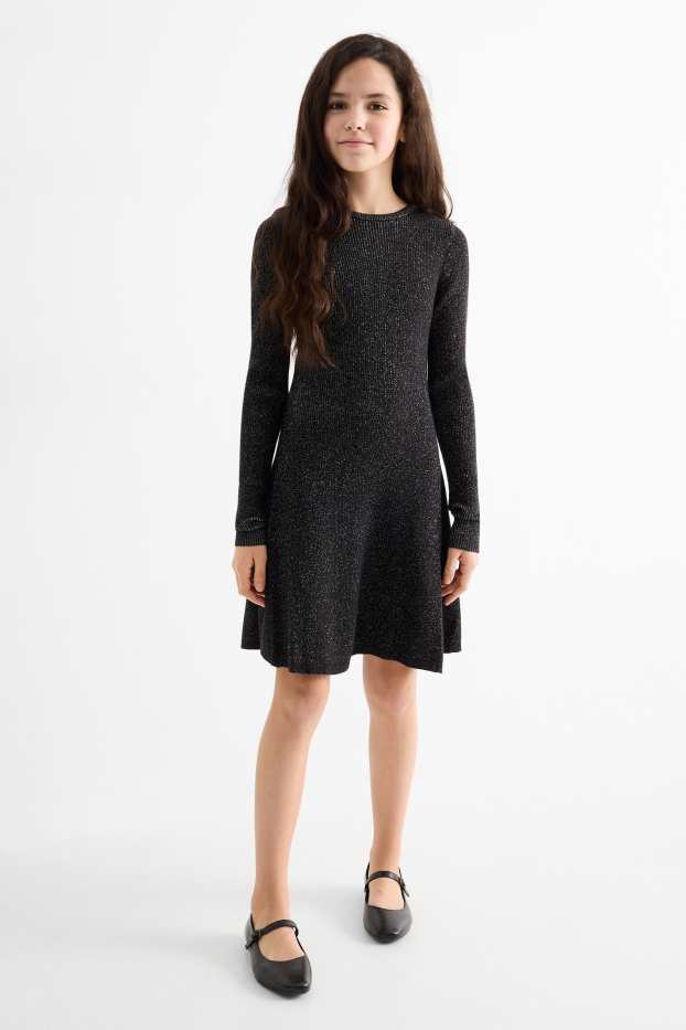 Kinder Mädchen - Strickkleid - gerippt - schwarz