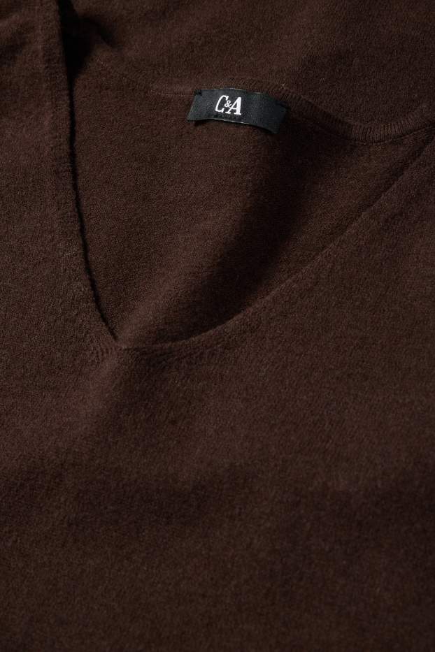 Dámské - Svetr s výstřihem ve tvaru V - tmavohnědá