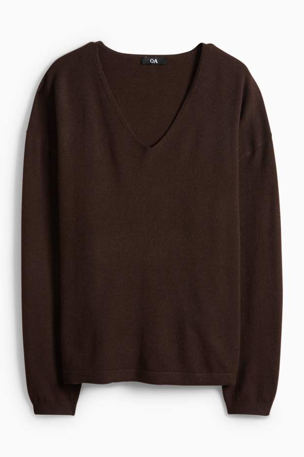 Dámské - Svetr s výstřihem ve tvaru V - tmavohnědá