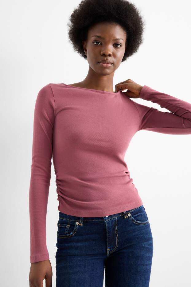 Dámské - Tričko s dlouhým rukávem - slim fit - tmavě růžová