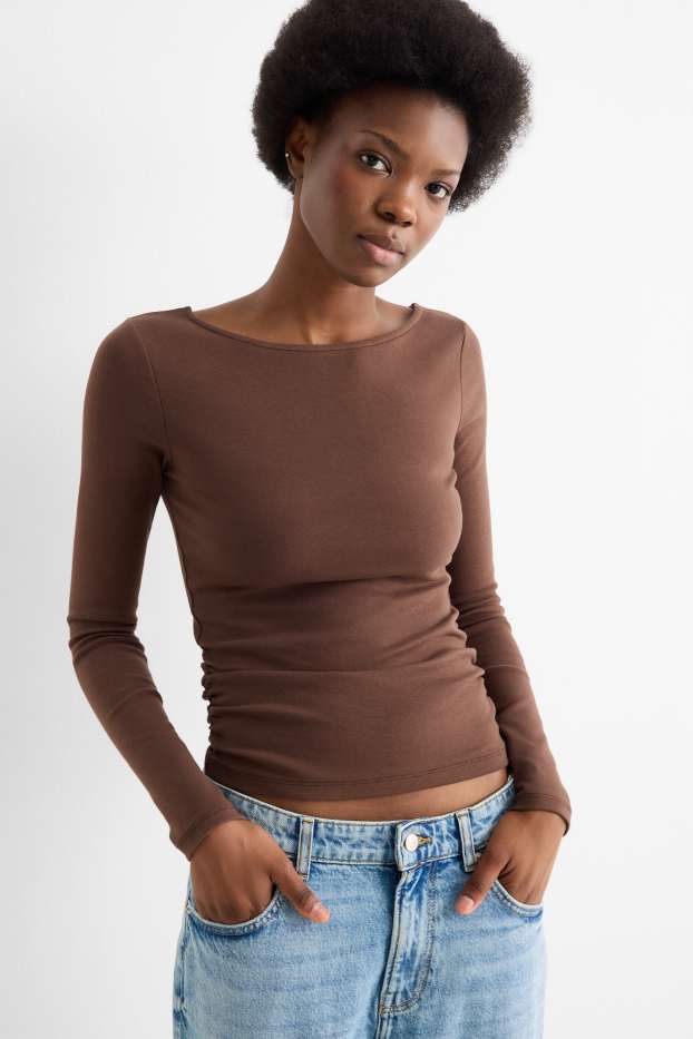 Dames - Longsleeve - slim fit - donkerbruin