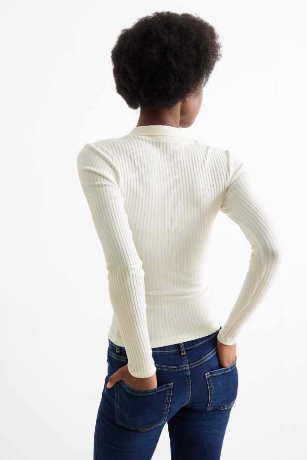 Women - Polo shirt - slim fit - ribbed - white