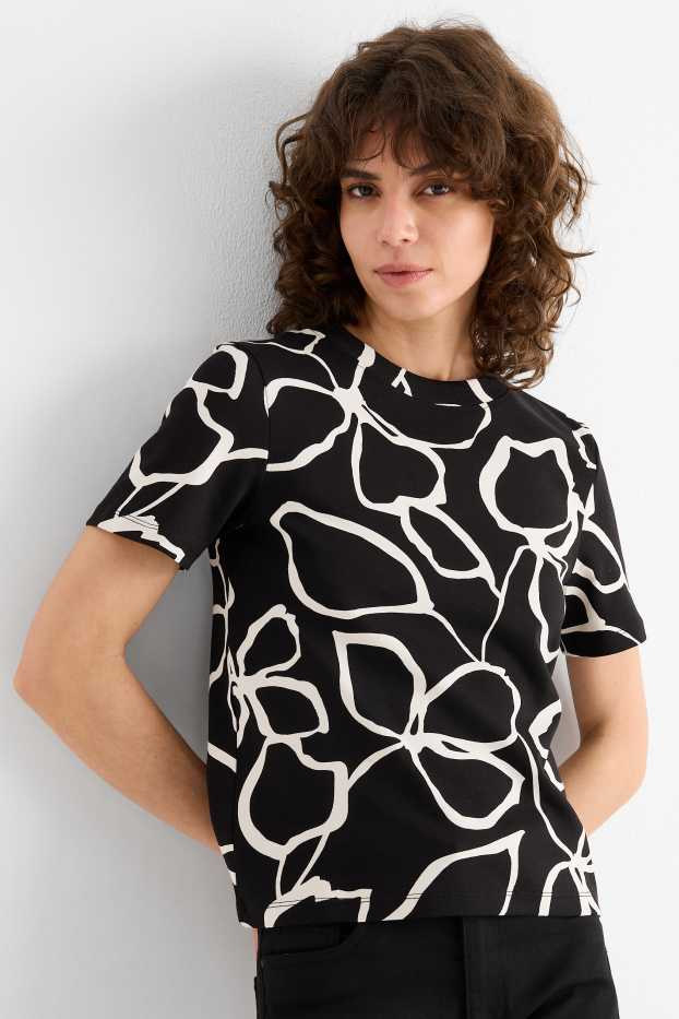 Dona - Samarreta de màniga curta - regular fit - de flors - negre/blanc