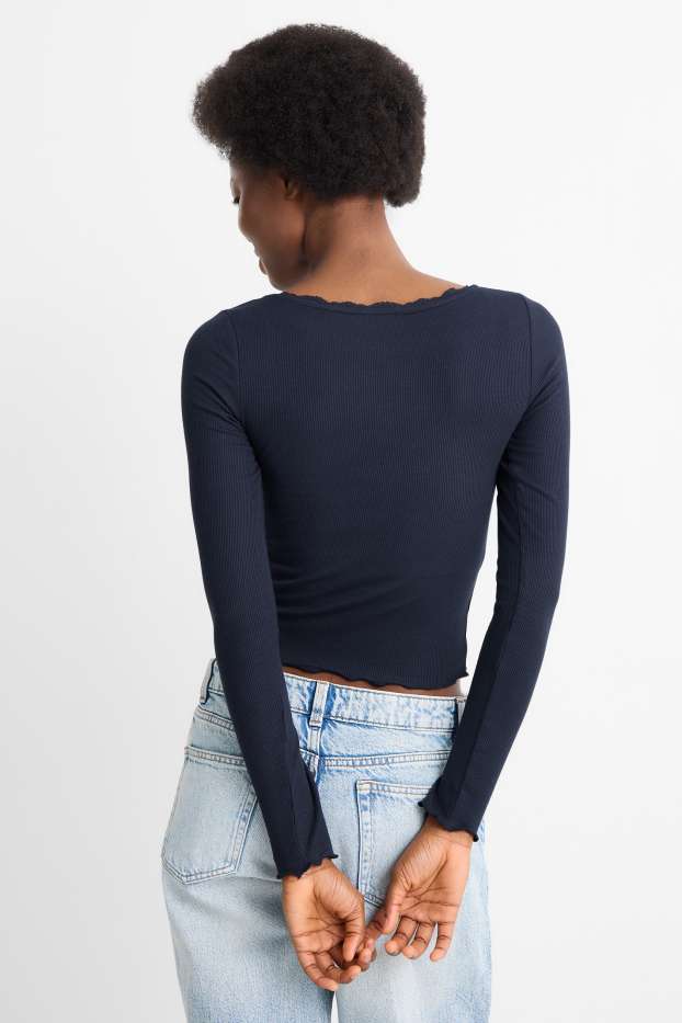 Femei - Tricou crop cu mânecă lungă - regular fit - reiat - albastru închis