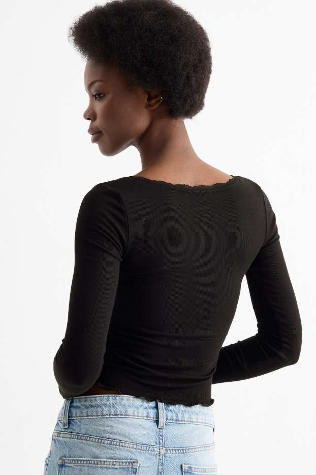 Femei - Tricou crop cu mânecă lungă - regular fit - reiat - negru