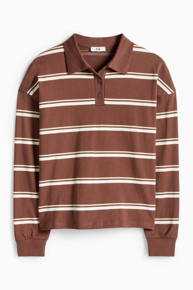 Femmes - Polo à manches longues - regular fit - à rayures - marron / blanc crème