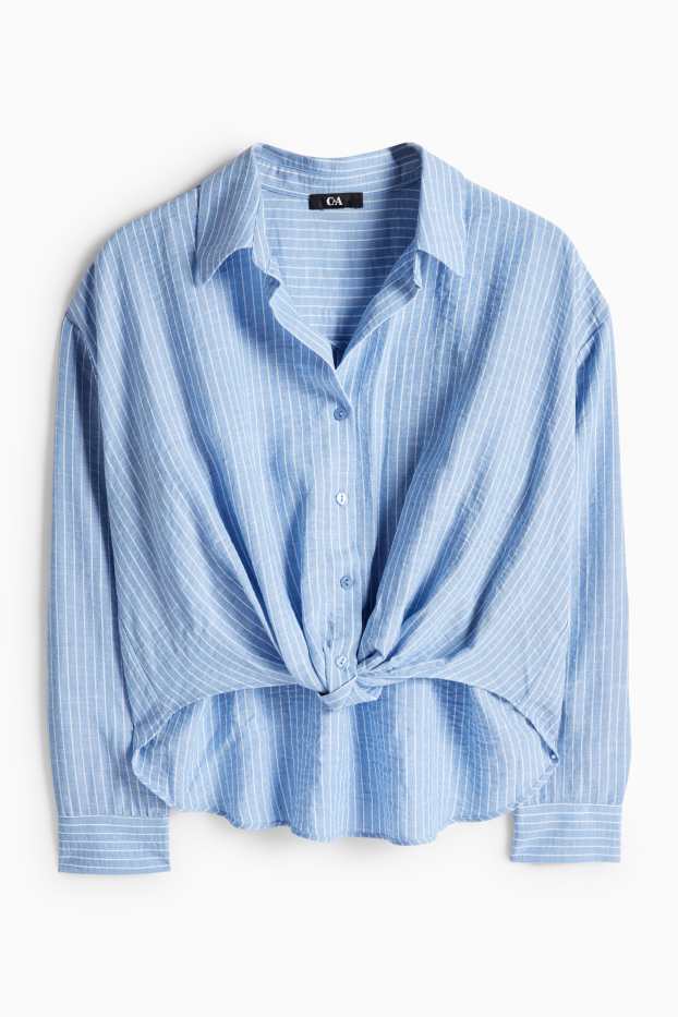 Dames - Blouse met knoop in de stof - gestreept - blauw