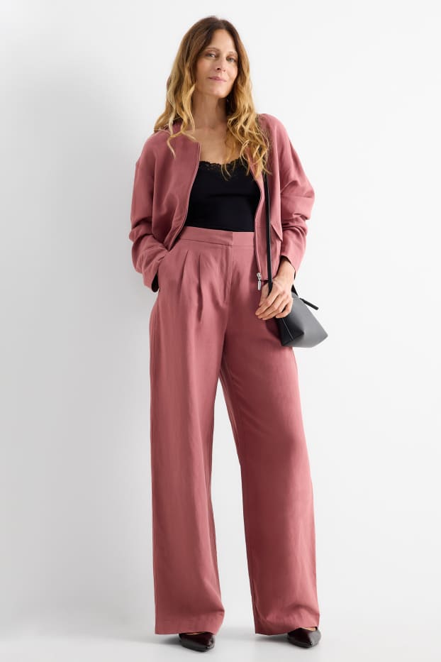 Women - Business trousers with linen content - high waist - regular fit - dark rose