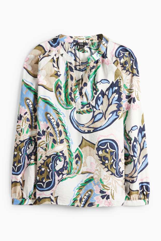 Damen - Bluse mit V-Ausschnitt - gemustert - cremeweiss