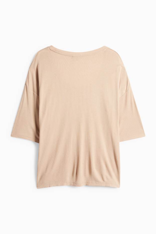 Femmes - T-shirt - relaxed fit - finition côtelée - beige