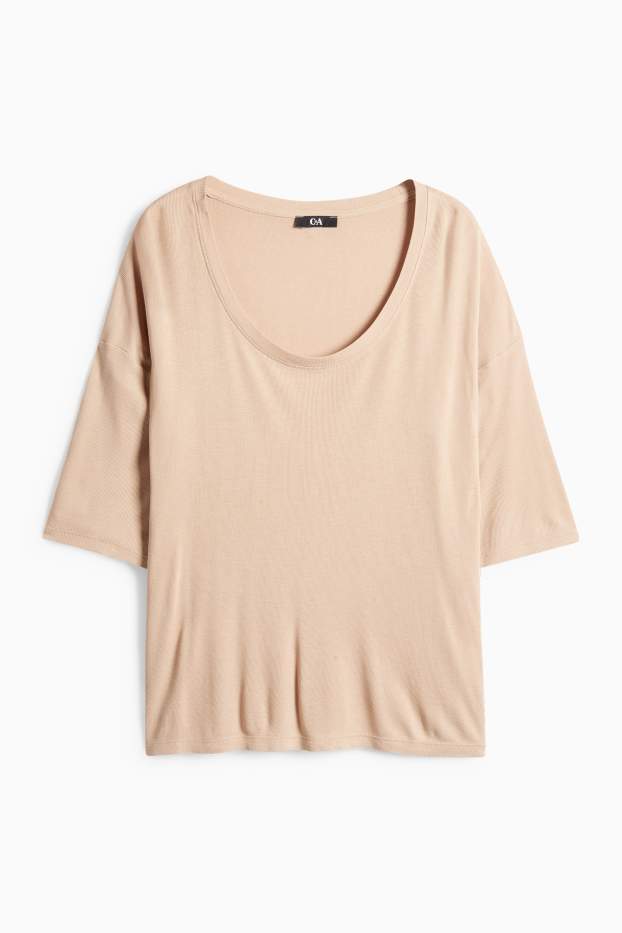 Femmes - T-shirt - relaxed fit - finition côtelée - beige