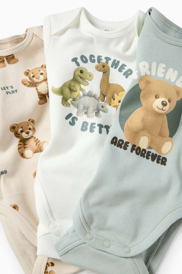 Unisex - Multipack 3er - Teddybär, Dino und Tiger - Baby-Body - hellbeige