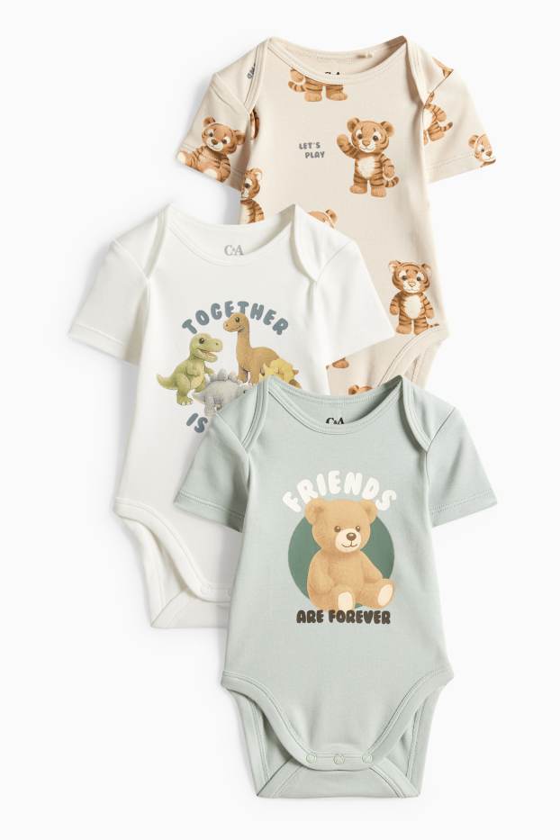 Unisex - Multipack 3er - Teddybär, Dino und Tiger - Baby-Body - hellbeige