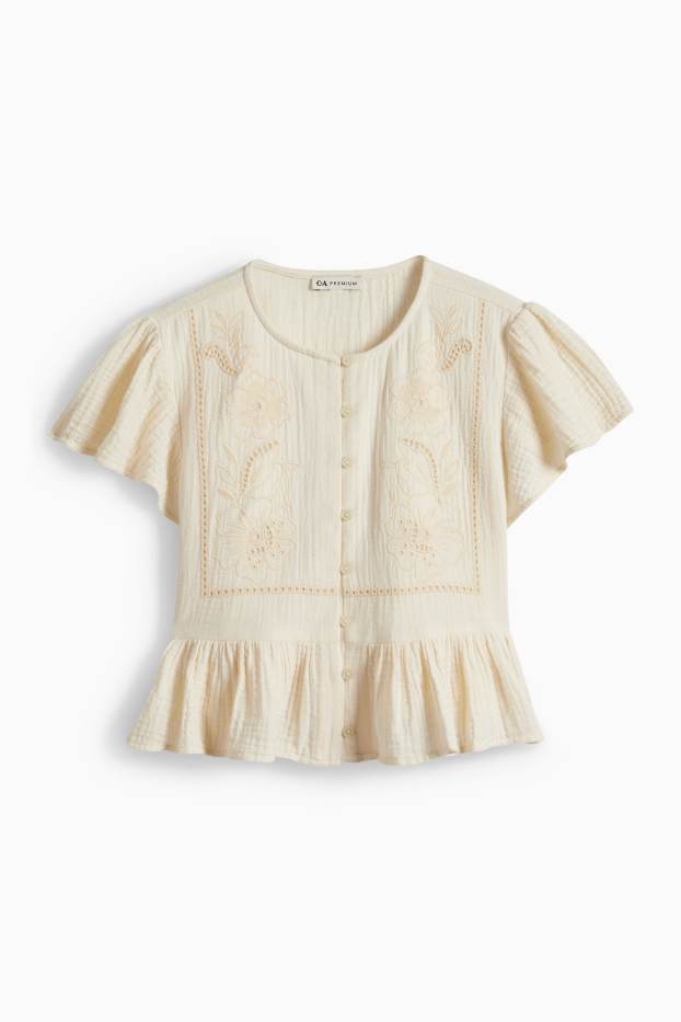 Children Girls - Floral - cheesecloth blouse - beige