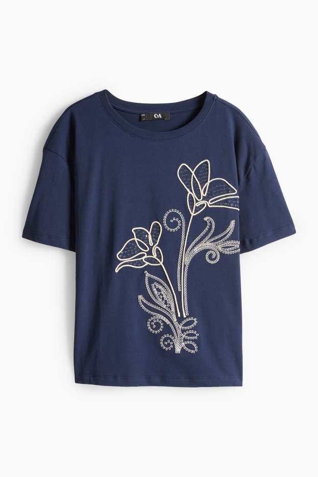 Women - T-shirt - relaxed fit - shiny - dark blue