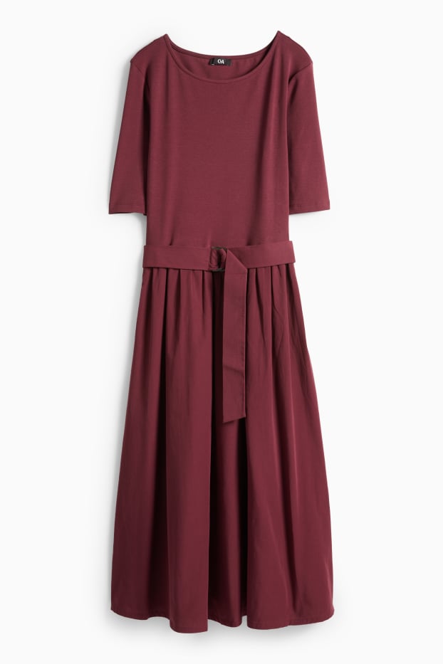 Dámské - Šaty fit & flare s páskem - bordeaux