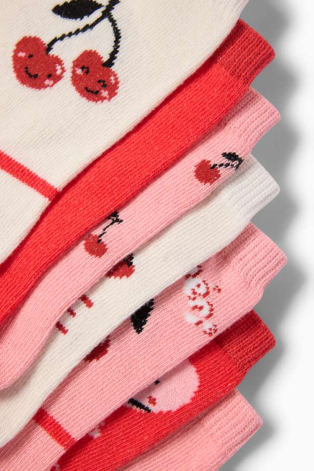 Děti - dívky - Multipack 7 ks - třešně a srdíčka - ponožky s motivem - červená