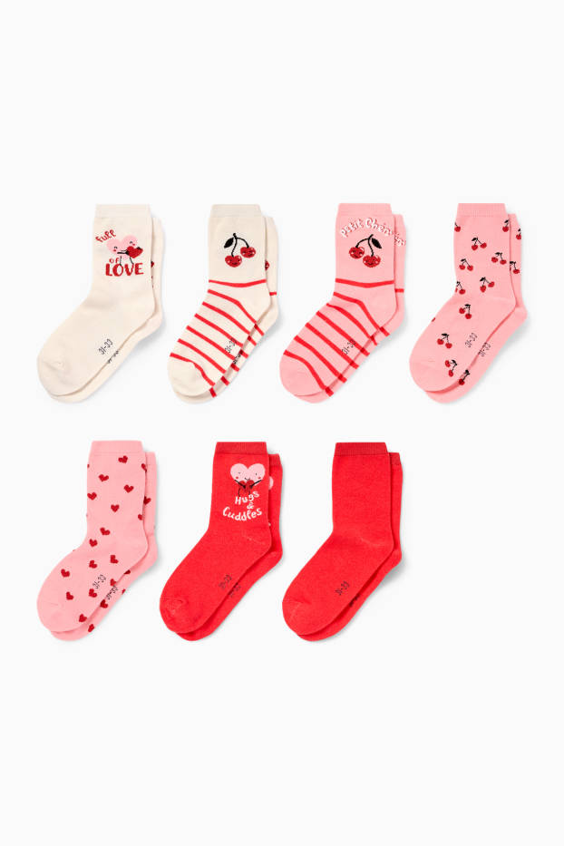Děti - dívky - Multipack 7 ks - třešně a srdíčka - ponožky s motivem - červená