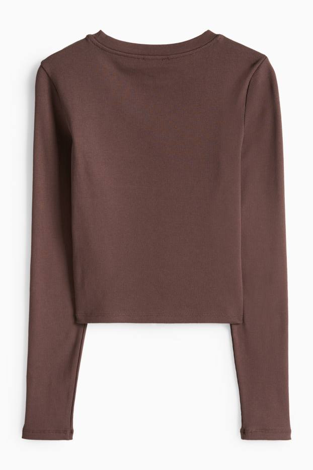 Femmes - Haut court à manches longues - slim fit - côtelé - marron foncé