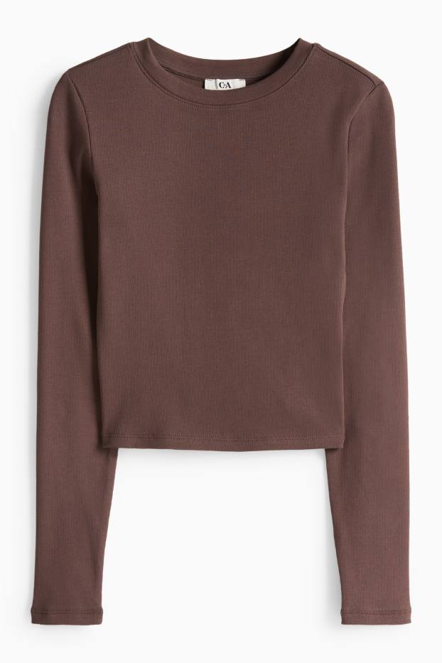 Femmes - Haut court à manches longues - slim fit - côtelé - marron foncé