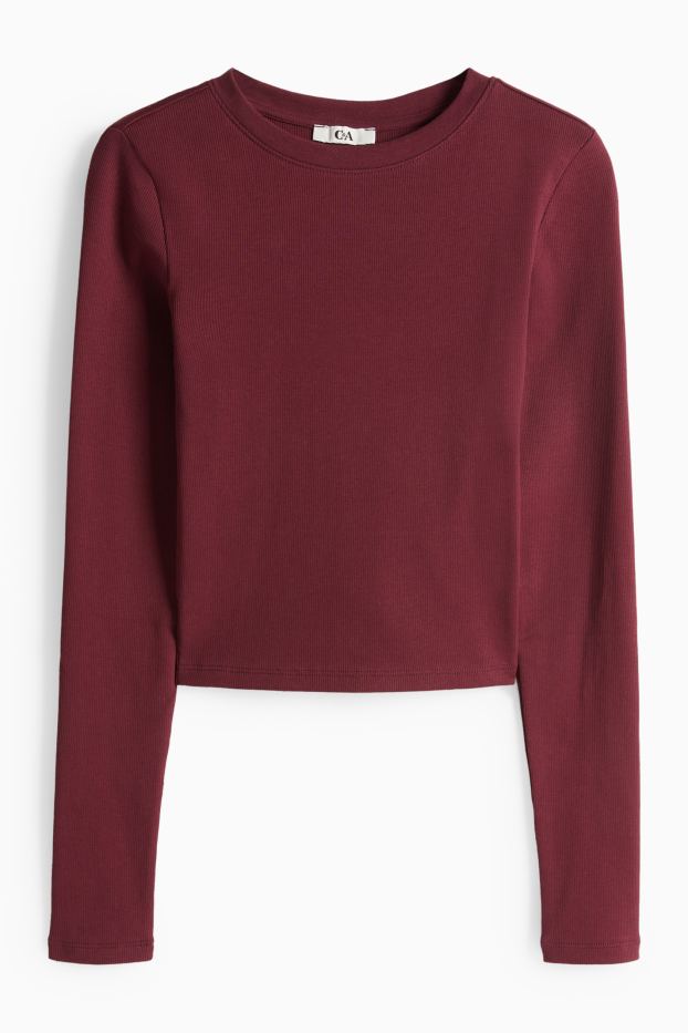 Femmes - Haut court à manches longues - slim fit - côtelé - bordeaux