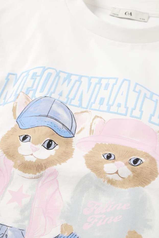 Children Girls - Cat - short sleeve T shirt - white / blue