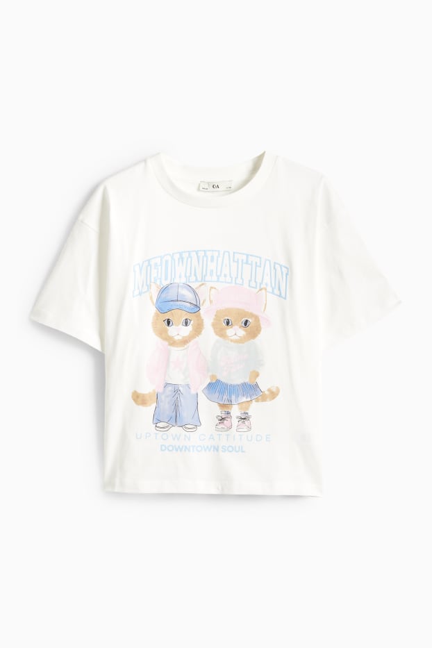 Children Girls - Cat - short sleeve T shirt - white / blue