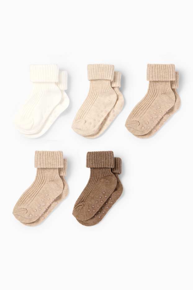 Unisex - Multipack 5er - Baby-Anti-Rutsch-Socken - gerippt - braun / cremeweiss