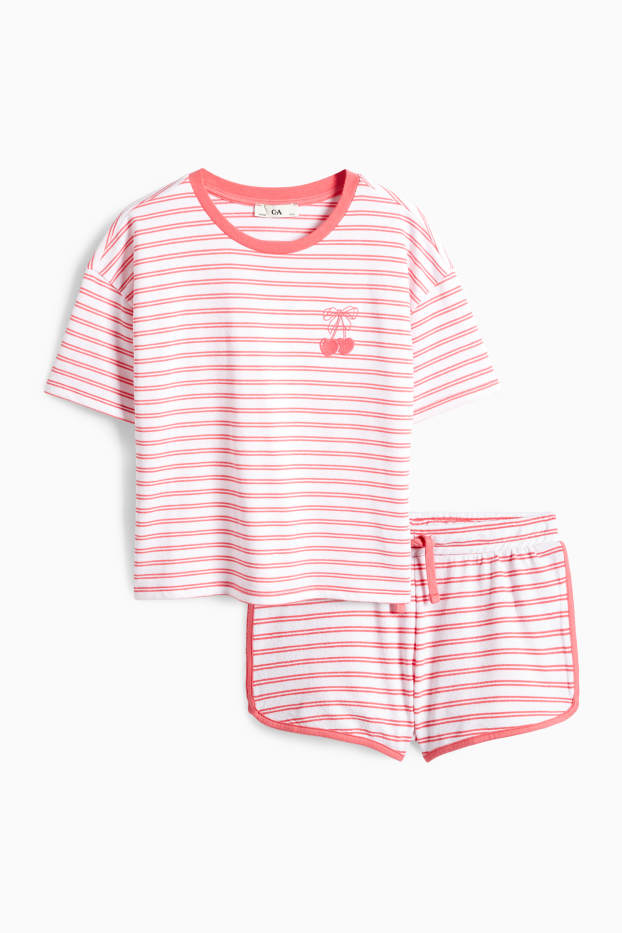 Children Girls - Cherry - terry cloth short pyjamas - 2 piece - striped - white / red