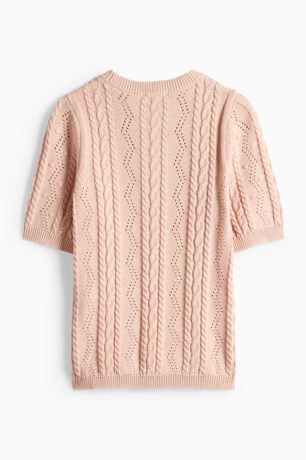 Donna - Maglione - a maniche corte - motivo a treccia - rosa