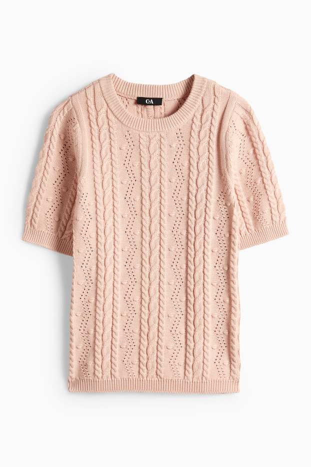 Donna - Maglione - a maniche corte - motivo a treccia - rosa