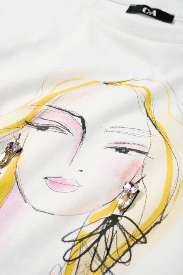 Dames - T-shirt met strass-steentjes - regular fit - wit