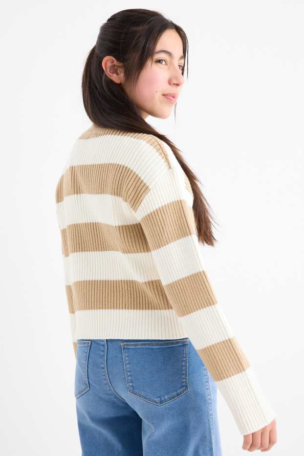 Enfants filles - Pull - côtelé - à rayures - beige