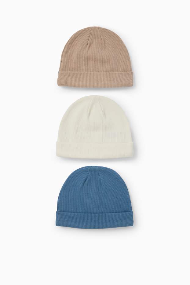 Baby Buben - Multipack 3er - Baby-Mütze - gerippt - blau  / beige