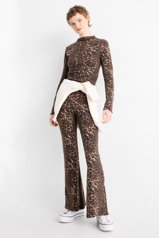 Donna - Leggings svasati - a coste - stampa leopardata - marrone scuro