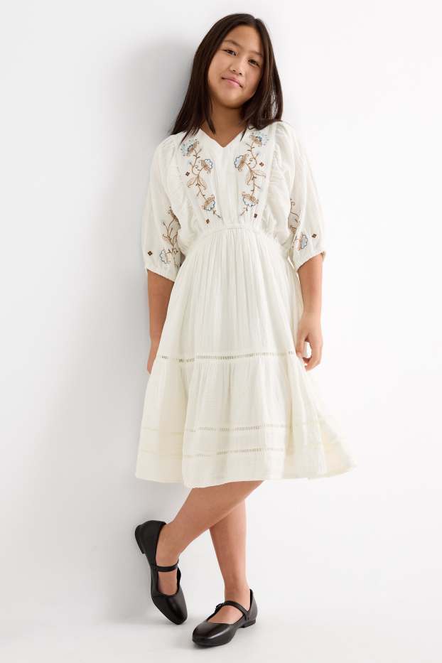 Bambine - Fiore - vestito di mussola - bianco crema