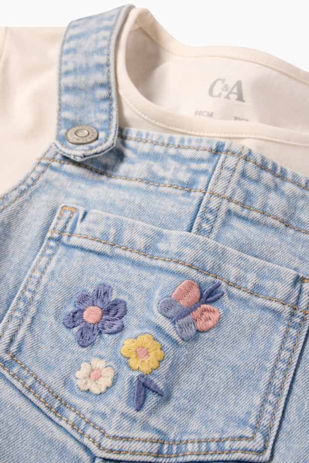 Kinder Mädchen - Blume - Set - Kurzarmshirt und Jeans-Latzhose - 2 teilig - helljeansblau