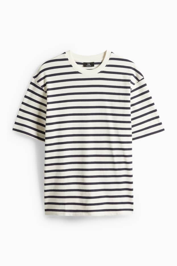 Pánské - Tričko - relaxed fit - pruhované- strukturované - krémově bílá