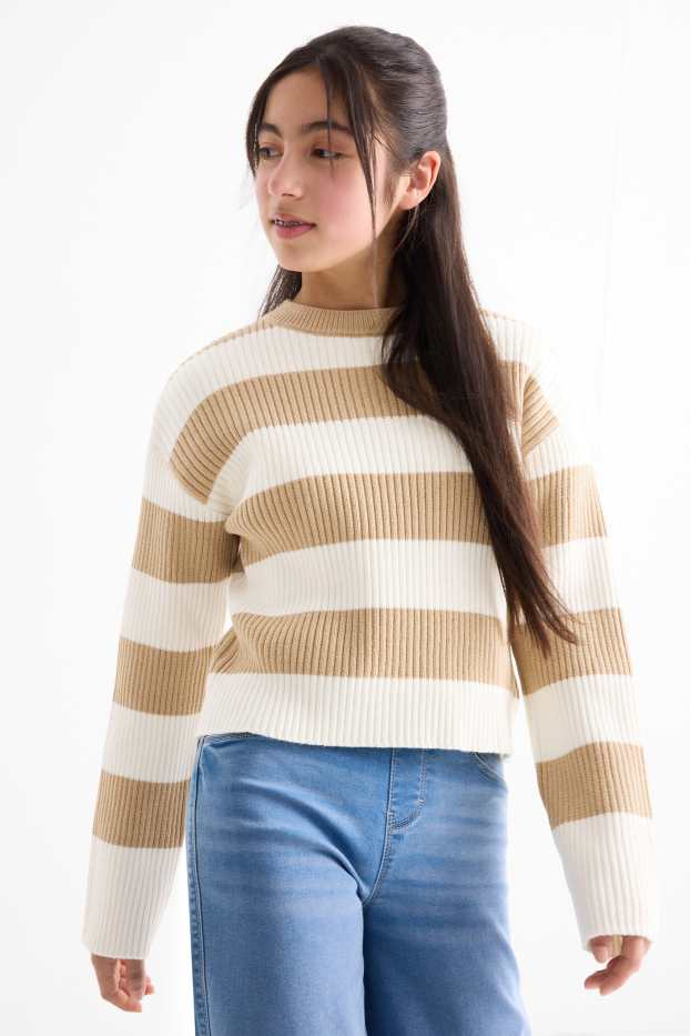 Enfants filles - Pull - côtelé - à rayures - beige