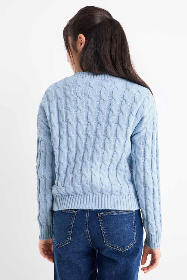 Children Girls - Jumper - cable knit pattern - light blue