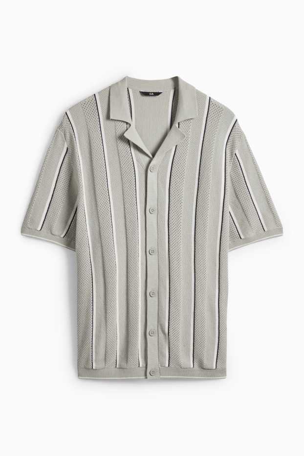 Pánské - Pletená košile - regular fit - klopový límec - pruhovaná - mátově zelená